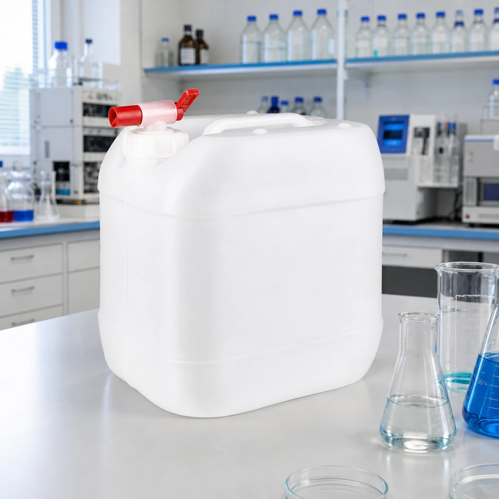 Tanica da 15 litri con rubinetto di scarico Contenitore rettangolare in HDPE da 15 litri con maniglia di trasporto e rubinetto di scarico rosso in ambiente di laboratorio