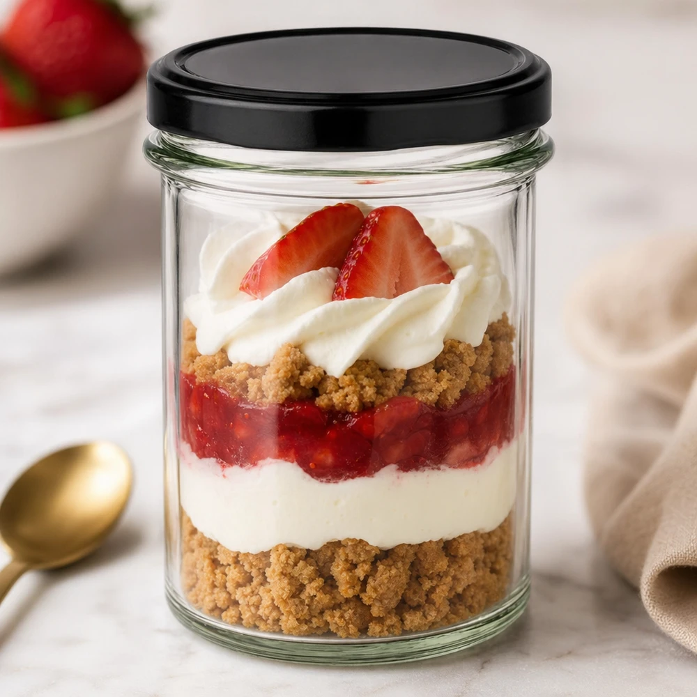 Bicchieri da 230 ml con coperchio BasicSeal nero UNiTWIST. Bicchieri da 230 ml con coperchio nero come bicchiere da dessert per dessert a strati con fragole, panna e base di biscotto