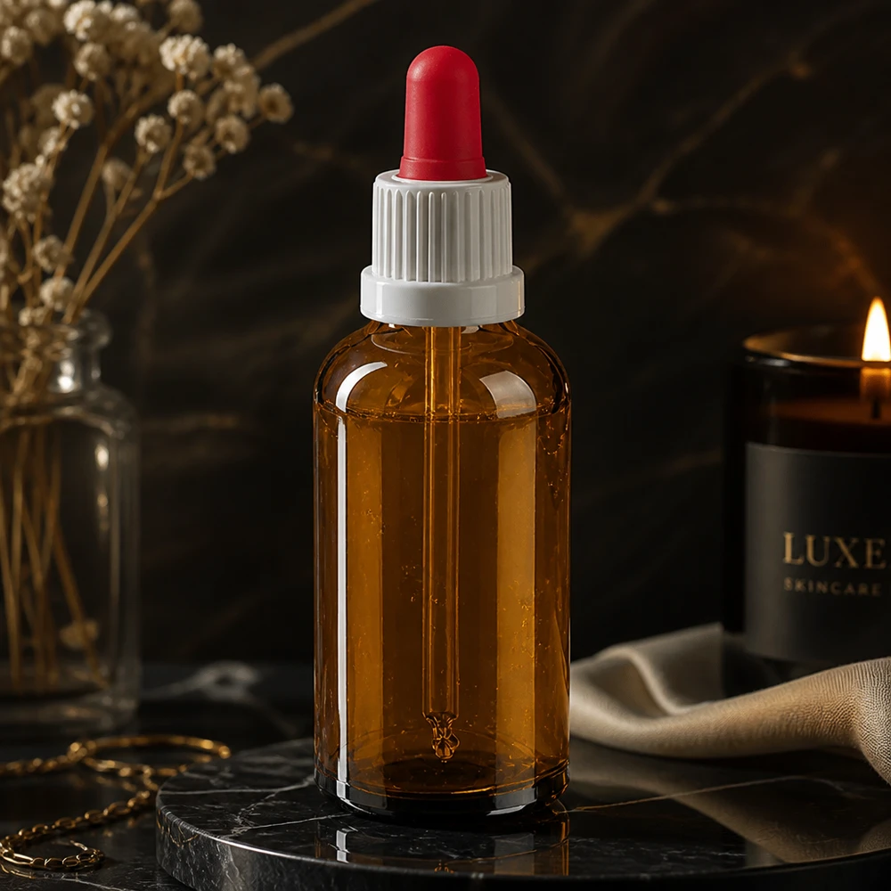 Flacone per pipette da 50 ml bianco/rosso OV BrownLine UT18/50 Flacone contagocce di alta qualità da 50 ml in elegante vetro ambrato con precisa pipetta in silicone rosso
