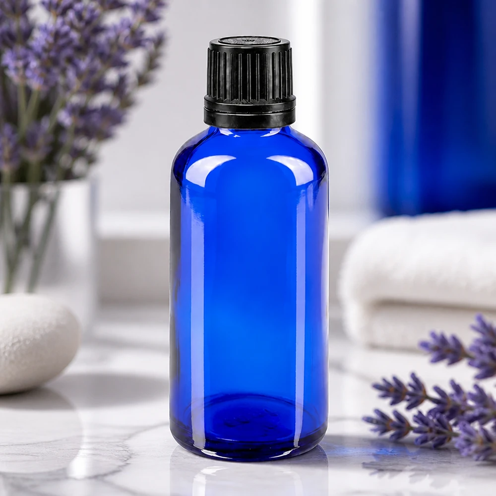 Flacone 50ml blu (Glo.)GR OV nero/8mm ApoGlas Flacone da farmacia blu da 50 ml in vetro borosilicato con tappo originale scanalato, accanto a rametti di lavanda