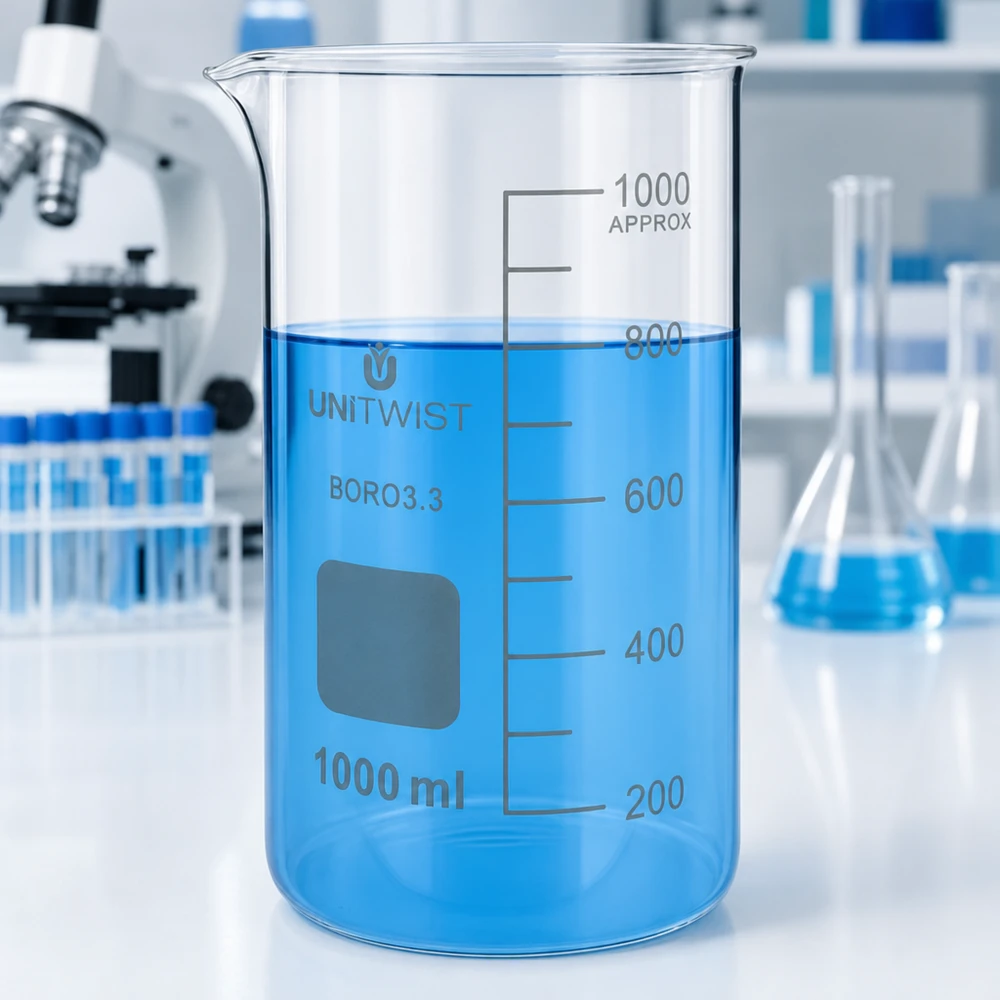 UNITWIST: becher da 1000 ml, forma alta, in borosilicato, con liquido blu su un tavolo da laboratorio