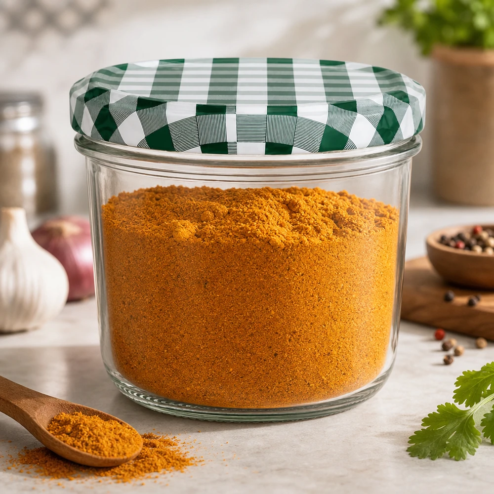 Bicchieri da 230 ml + coperchio BasicSeal verde/bianco UN.. Barattolo Slump 230ml riempito con spezie curcuma Coperchio BasicSeal verde-bianco a scacchiera Stoccaggio cucina