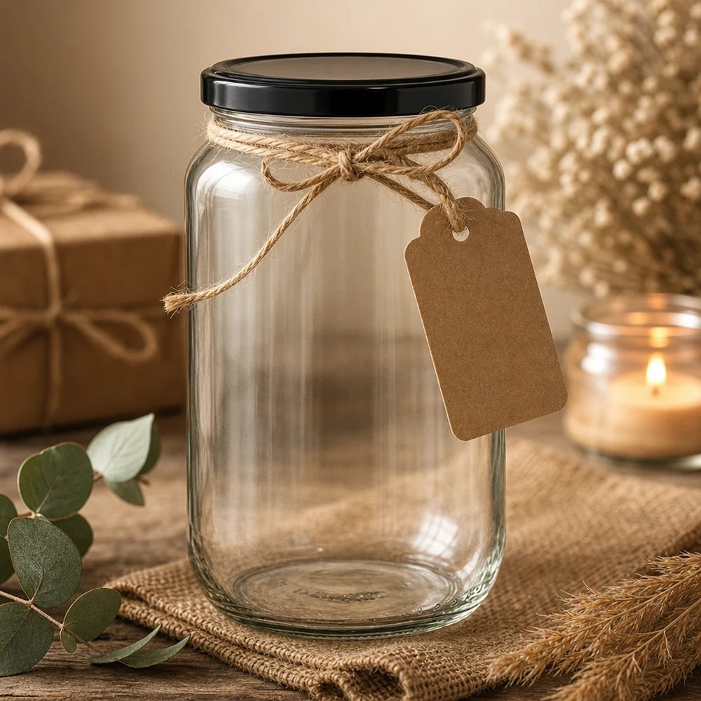 Barattolo rotondo da 1062 ml con coperchio BasicSeal nero UNiTWIST. Barattolo rotondo da 1062 ml decorato con cordoncino di iuta e targhetta in carta kraft - elegante confezione regalo per barattoli da conserva