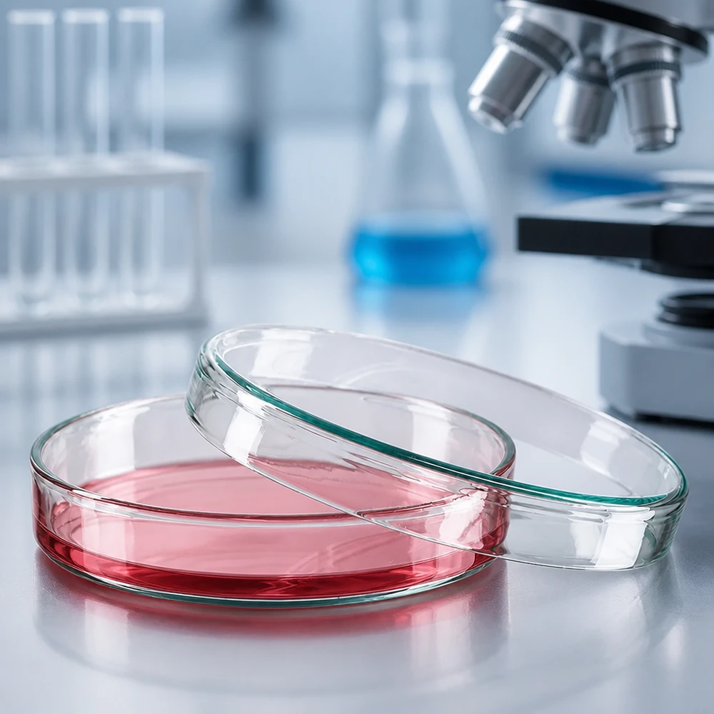Piastra Petri 100x20mm in vetro Piastra di Petri in vetro da 100x20 mm con terreno di coltura rosso per colture cellulari nei laboratori di ricerca