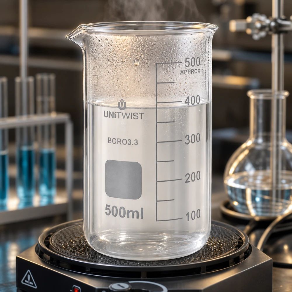 Vaso di vetro UNITWIST da 500 ml, modello alto, su piastra riscaldante con acqua bollente in laboratorio
