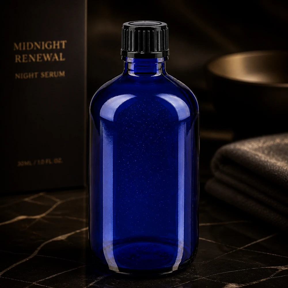 Flacone contagocce blu STD da 100 ml ApoGlas con tappo a vite nero per siero da notte