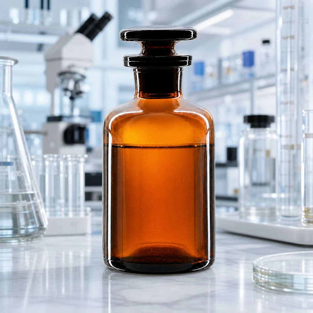 Flacone a spalle arrotondate da 50 ml in vetro ambrato a collo stretto con tappo in vetro per la protezione dai raggi UV delle sostanze sensibili
