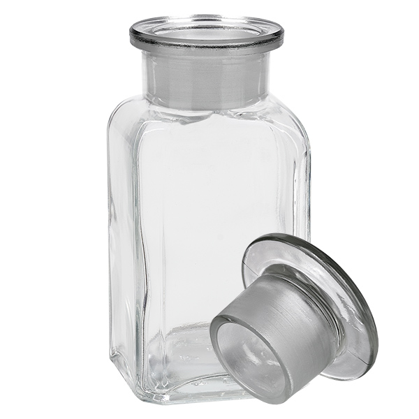 Bottiglia quadrata da 100 ml in vetro trasparente a collo largo con tappo in vetro NS Bottiglia quadrata da 100 ml in vetro trasparente a collo largo con tappo in vetro NS