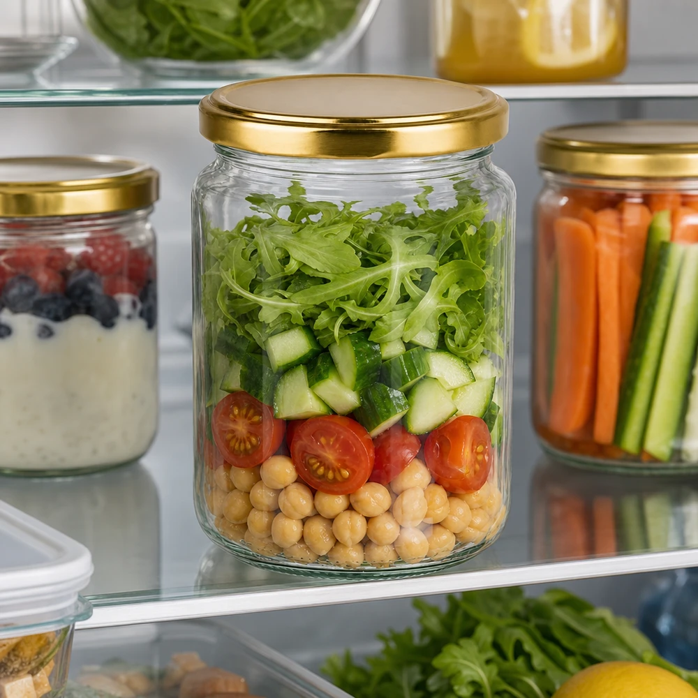 Barattolo rotondo da 382 ml con coperchio BasicSeal oro UNiTWIST 382ml Rundglas mit goldenem Deckel für frische Salate im Kühlschrank - perfekte Meal Prep Aufbewahrung