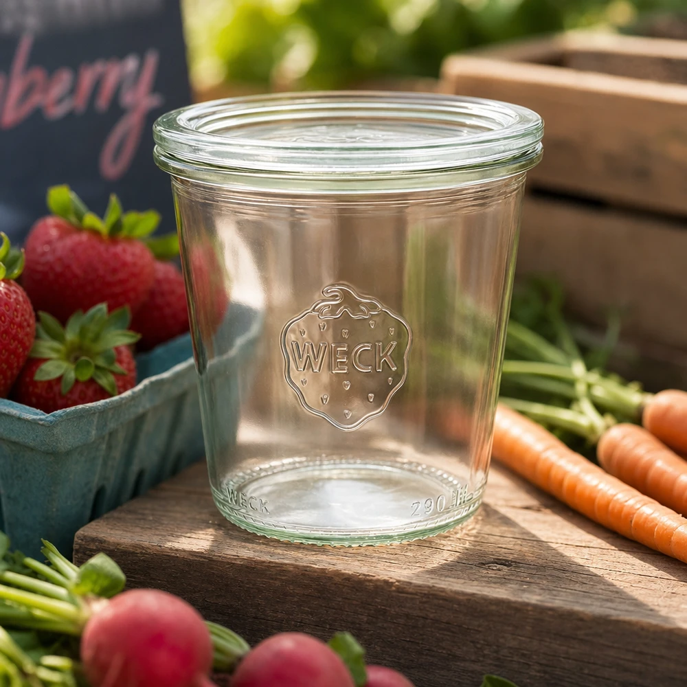 Bicchieri alti da 290 ml con coperchio in vetro WECK RR80 Bicchieri WECK 290ml RR80 vuoti su tavola di legno con fragole fresche carote e ravanelli per la conservazione naturale degli alimenti.