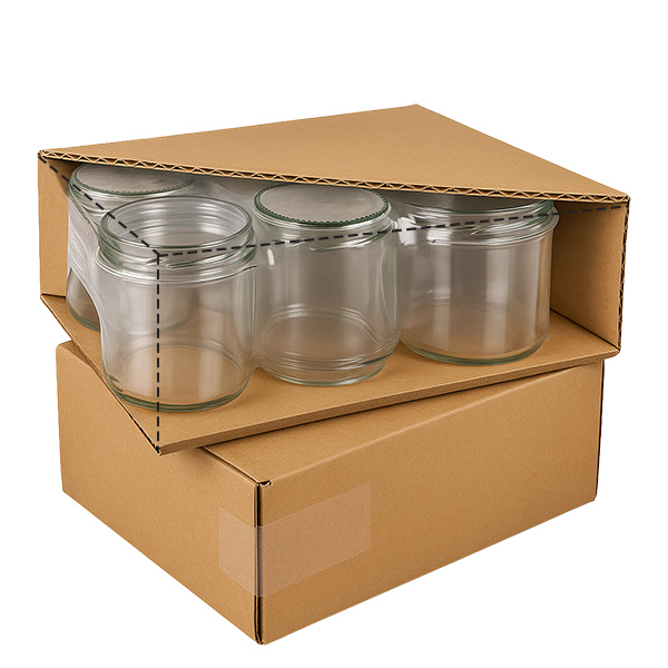 UNiTWIST Runda305 - Barattolo rotondo capacità 305ml TO63 I vasetti esagonali da 196 ml in confezione di cartone mostrano la pratica consegna dei vasetti di marmellata esagonali con coperchi BasicSeal