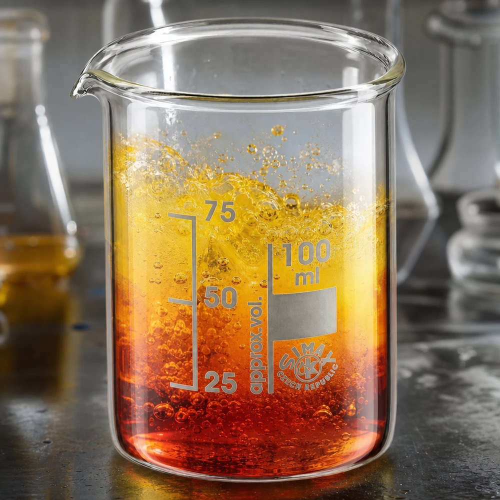 Bicchiere graduato da 100 ml con miscela chimica colorata e scala volumetrica precisa