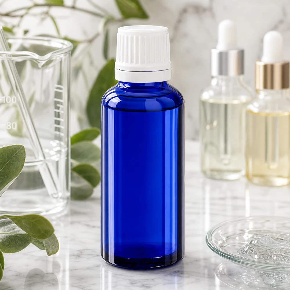Flacone contagocce ApoGlas blu da 30 ml con tappo a vite bianco in un ambiente di laboratorio su una superficie di marmo