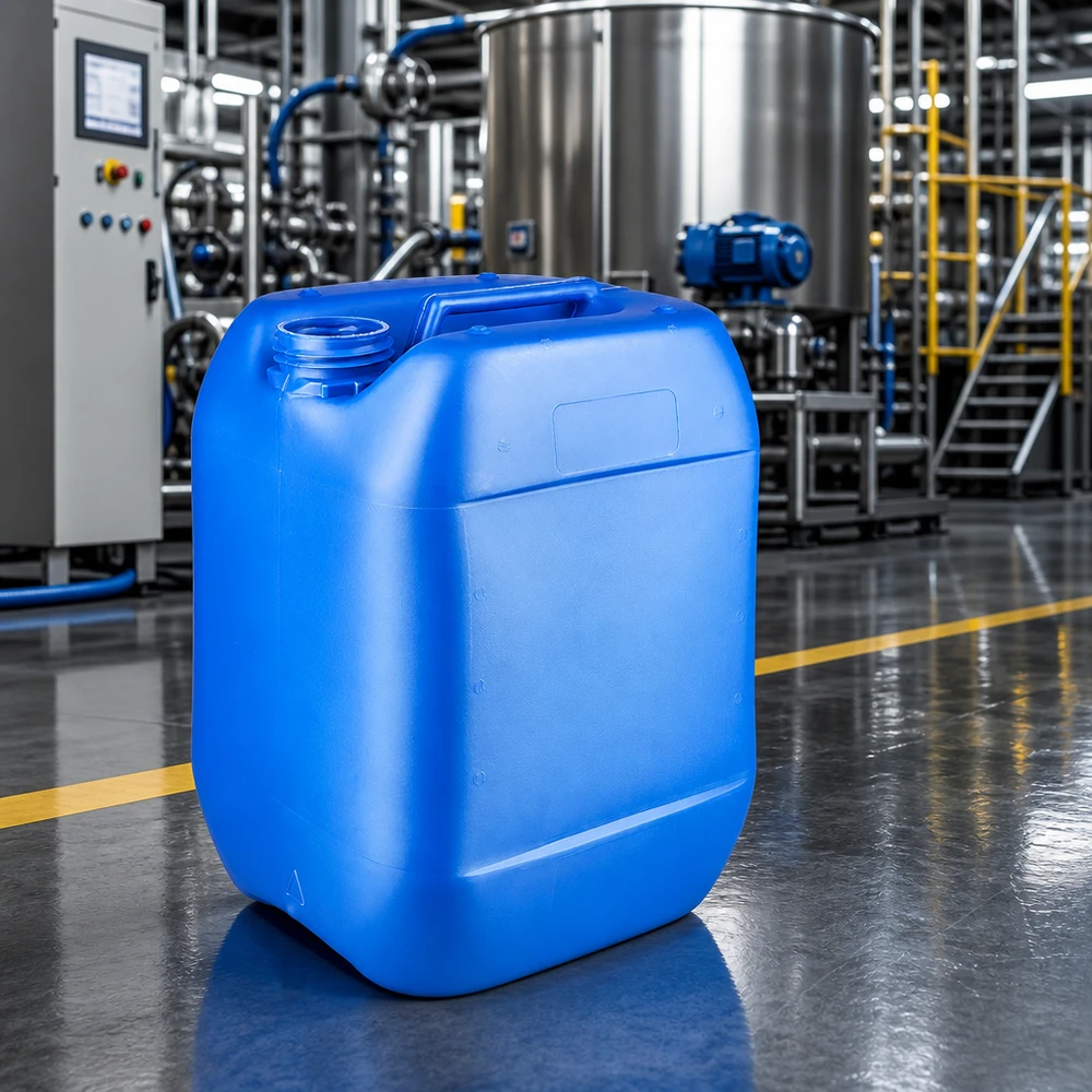 Tanica rettangolare in plastica blu da 10 litri senza coperchio in un ambiente di produzione industriale