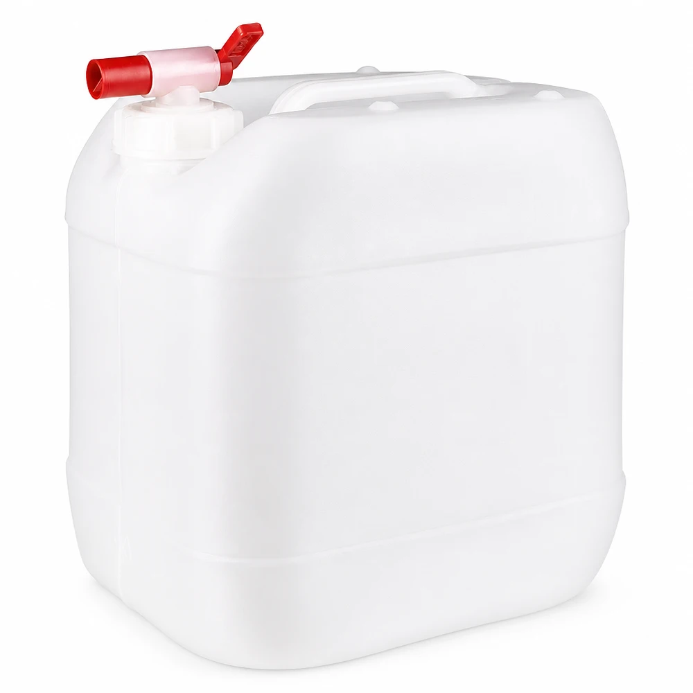 Tanica da 15 litri con rubinetto di scarico Tanica in plastica bianca da 15 litri con rubinetto di scarico rosso per conservare i liquidi in tutta sicurezza