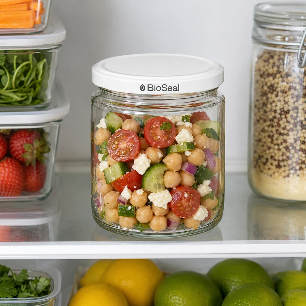 Vasetto per miele da 350 g con capsula bianca BioSeal UNiTWIST Vasetto di miele da 250 ml con coperchio BioSeal in frigorifero, riempito di insalata di ceci tra i contenitori con frutta