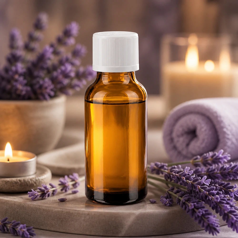 Bottiglia da farmacia marrone da 20ml. SV STD KiSi bianco/11mm ApoGlas Piccolo flacone da farmacia in vetro ambrato da 20 ml con tappo di sicurezza bianco a prova di bambino, in stile spa con lavanda