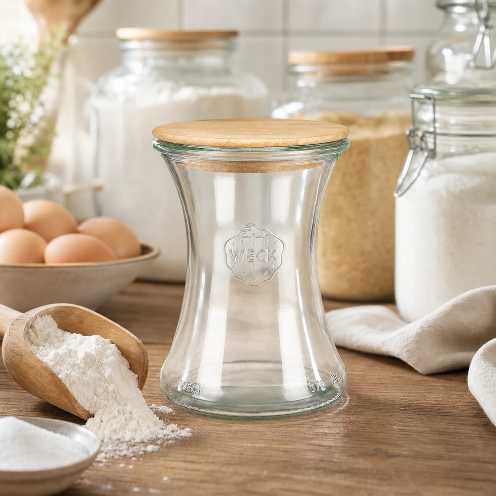 Vasetto per salumi WECK RR80 da 370 ml con coperchio in legno Barattolo da gastronomia WECK 370ml RR80 con coperchio in legno sul piano di lavoro in legno accanto a farina, uova e ingredienti da forno in cucina