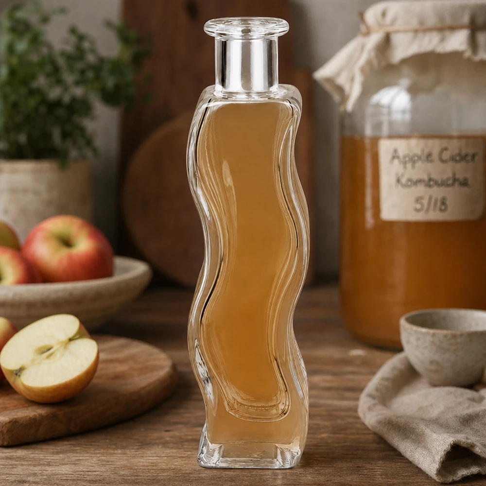 Flacone in vetro da 100 ml Melissa senza tappo UNiTWIST® Bottiglia di vetro di Melissa 100ml riempita di aceto di sidro di mele in cucina naturale con mele fresche e bicchiere di Kombucha