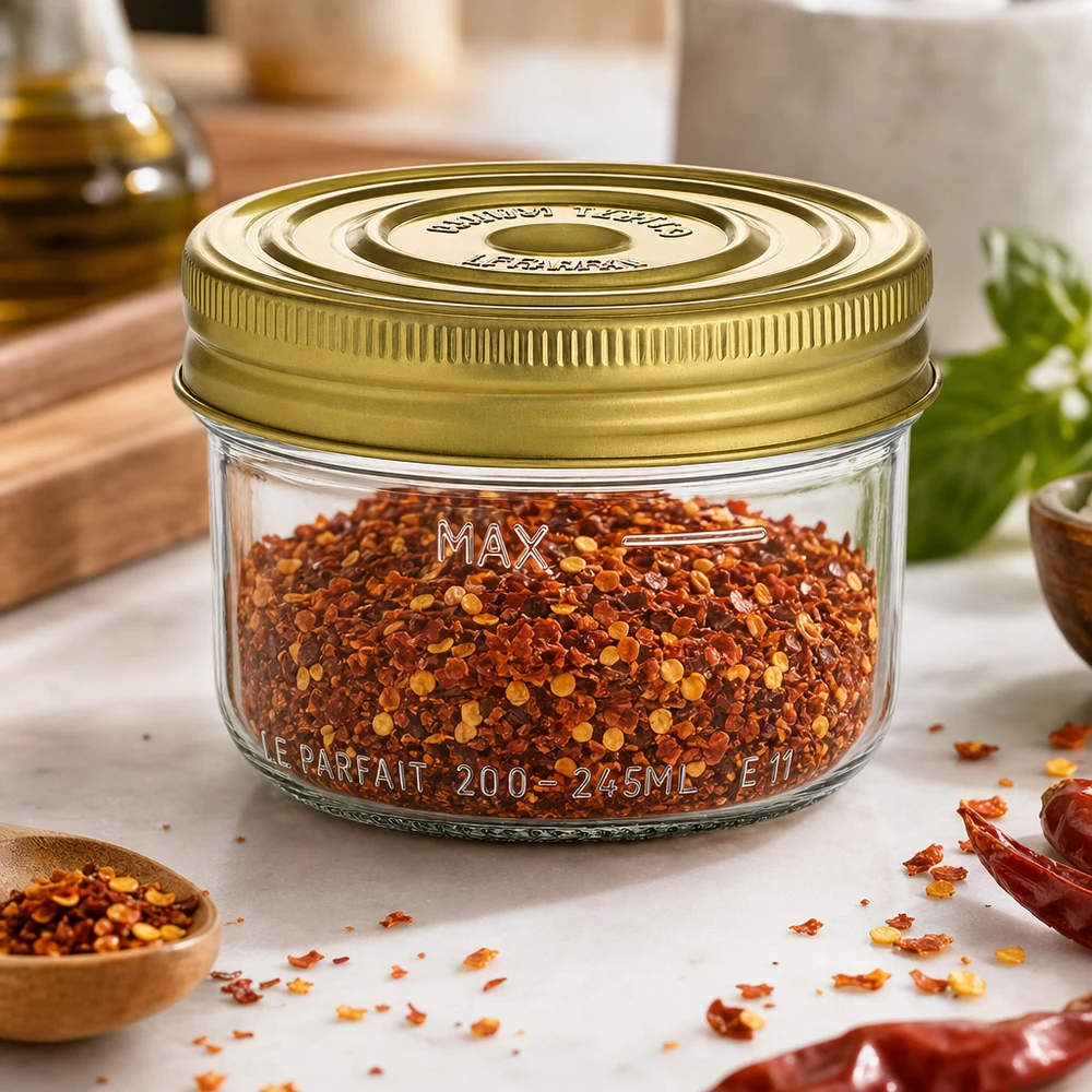 Bicchieri Familia Wiss da 245 ml con coperchio dorato riempiti di fiocchi di peperoncino rosso sul tavolo della cucina con le spezie