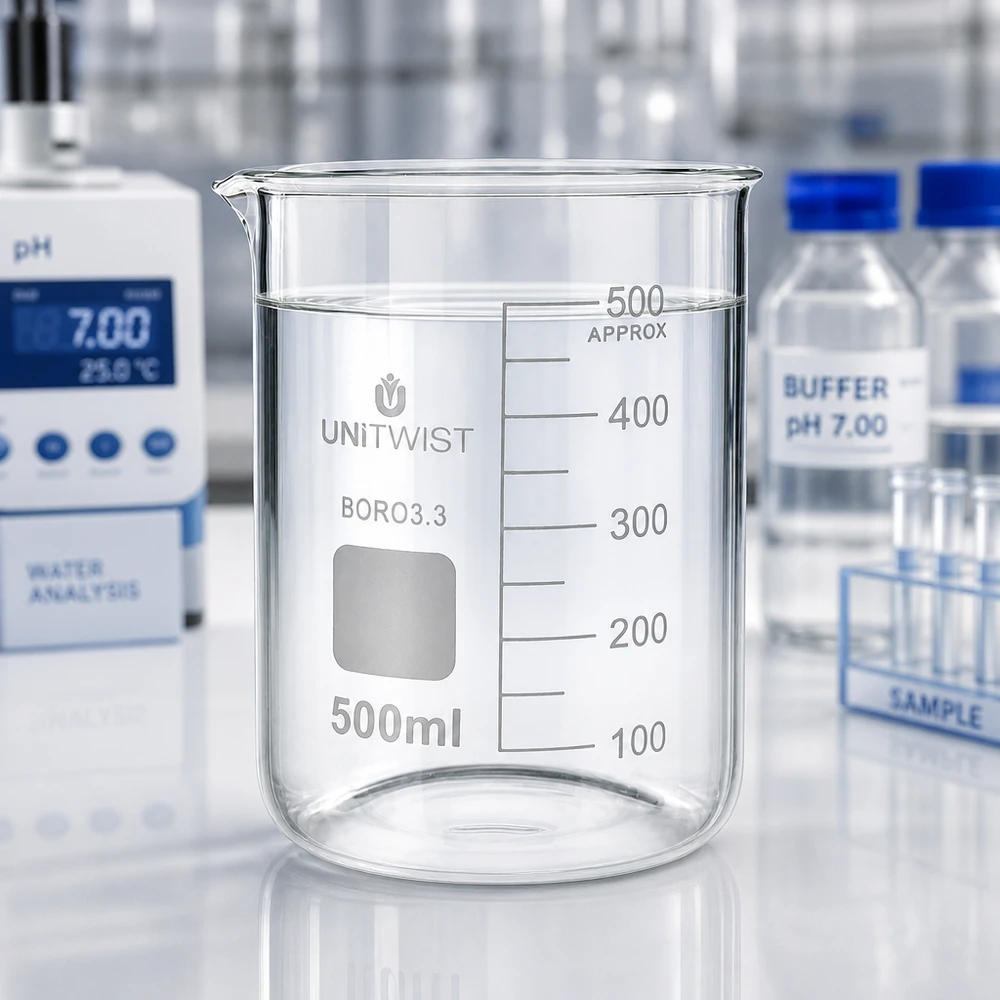 Bicchiere da laboratorio UNiTWIST da 500 ml, forma bassa, BORO3.3, in laboratorio con pHmetro e soluzione tampone