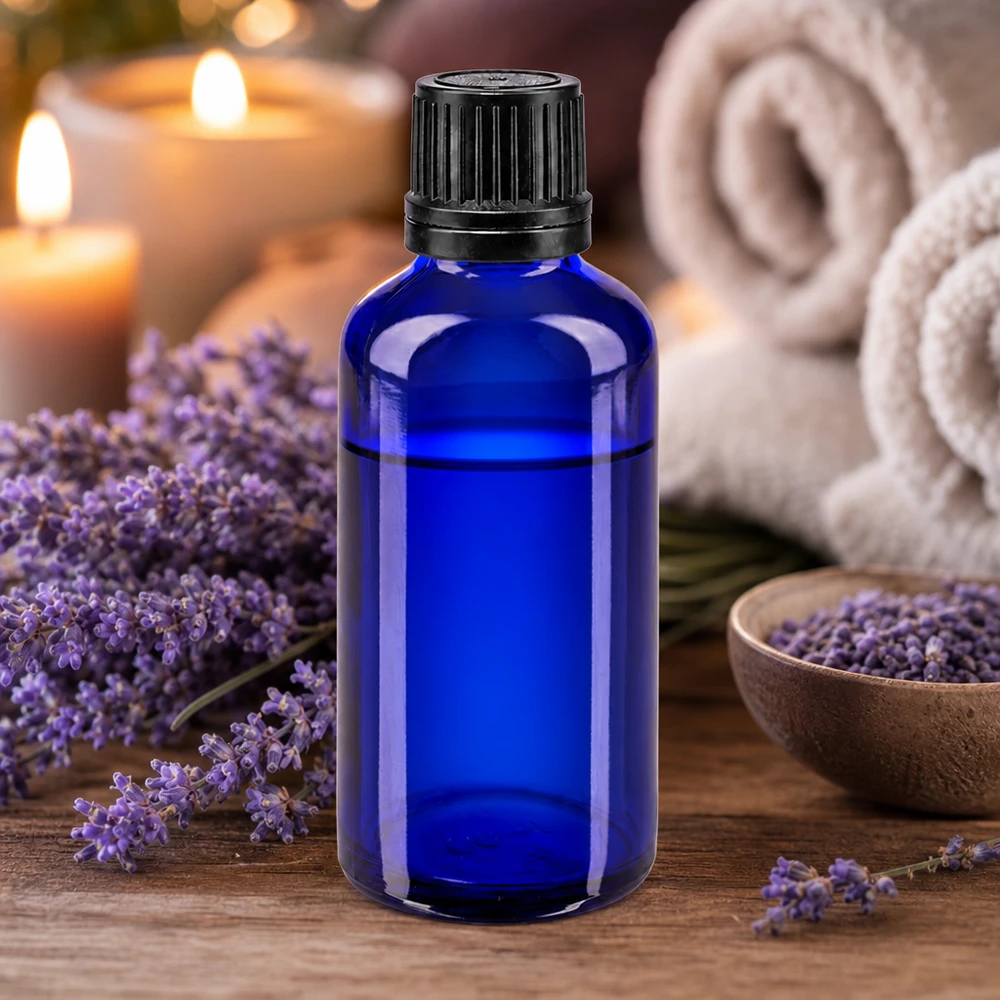 Flacone contagocce blu da 50 ml in vetro da farmacia con tappo di sicurezza a prova di bambino e sigillo di integrità