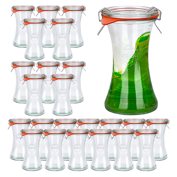 Set di 24 bicchieri da gastronomia Weck da 200 ml con 24 coperchi di vetro Set di 24 bicchieri da gastronomia Weck da 200 ml con 24 coperchi di vetro