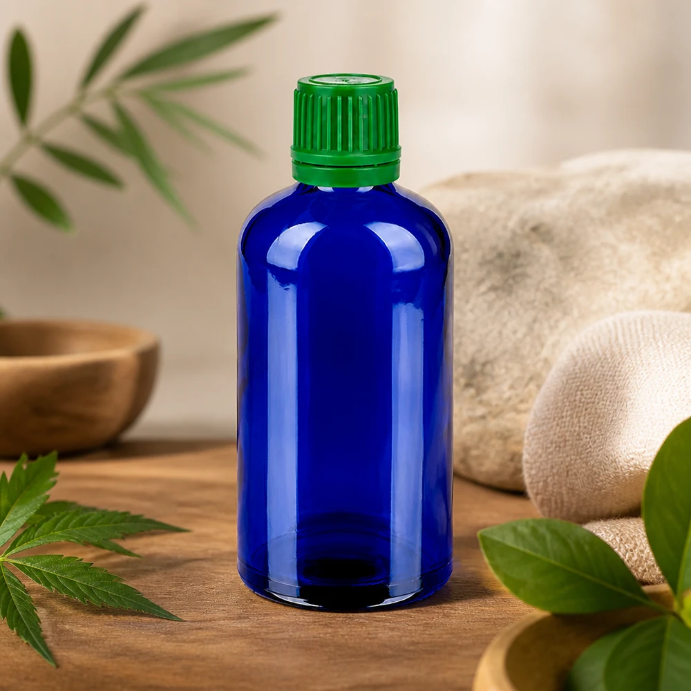 Bottiglia da 100ml 11mm SV verde OV BlueLine UT18/100 Bottiglia in vetro sostenibile 100ml blu cobalto con tappo a vite verde riutilizzabile