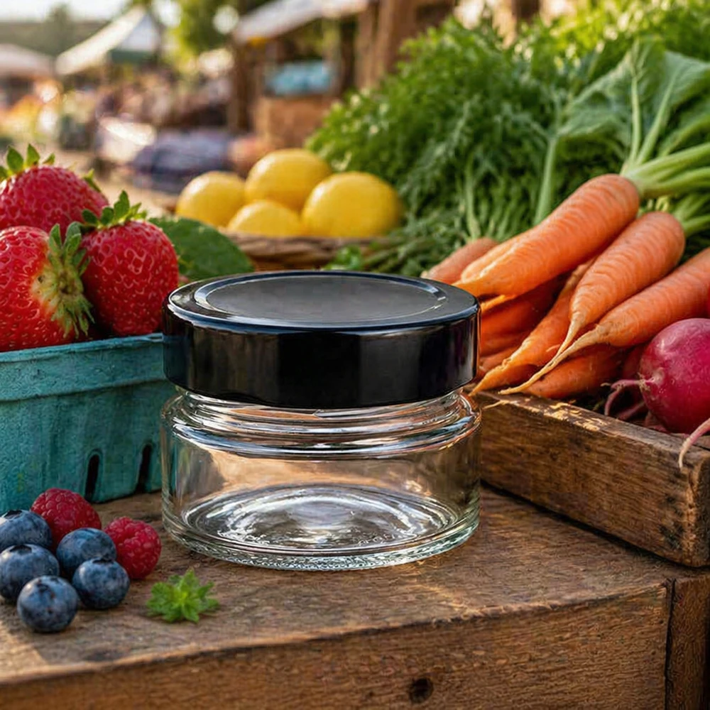 Barattolo rotondo da 80 ml + coperchio BasicSeal nero profondo UNiTWIST 80ml Rundglas BasicSeal schwarz auf Holztisch mit frischem Obst Gemüse Marktstand Atmosphäre vielseitig einsetzbar