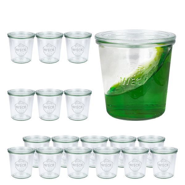 Set di 18 barattoli Weck da 580 ml con 18 coperchi in vetro