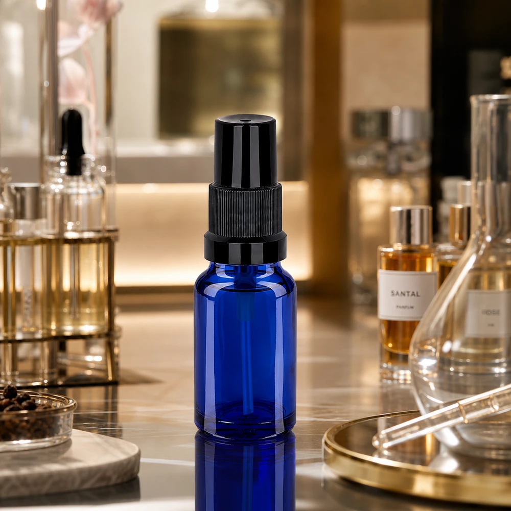 Flacone spray da 10 ml nero STD BlueLine UT18/10 Flacone spray STD BlueLine UT18/10 da 10 ml in vetro blu con protezione UV e meccanismo a pompa