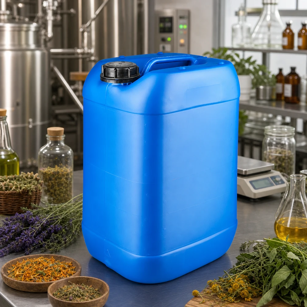 Tanica 25 litri blu con tappo a vite OV Tanica blu da 25 litri in HDPE con tappo OV per la conservazione di erbe e oli nella produzione di cosmetici naturali