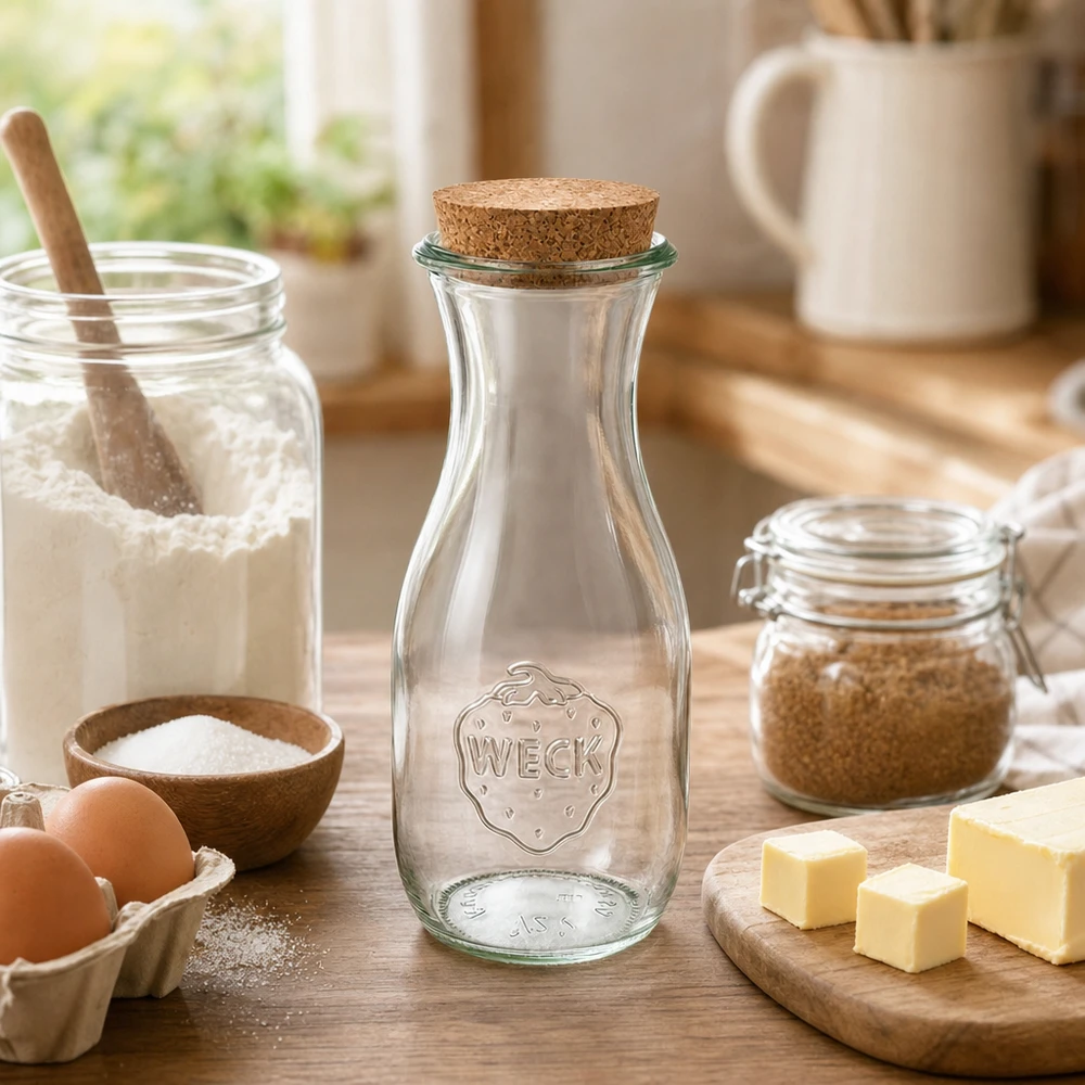 Bottiglia da succo da 530 ml WECK RR60 con tappo in sughero naturale Bottiglia di succo di frutta WECK 530ml con tappo di sughero in una cucina accogliente accanto a ingredienti da forno farina uova burro su un tavolo di legno