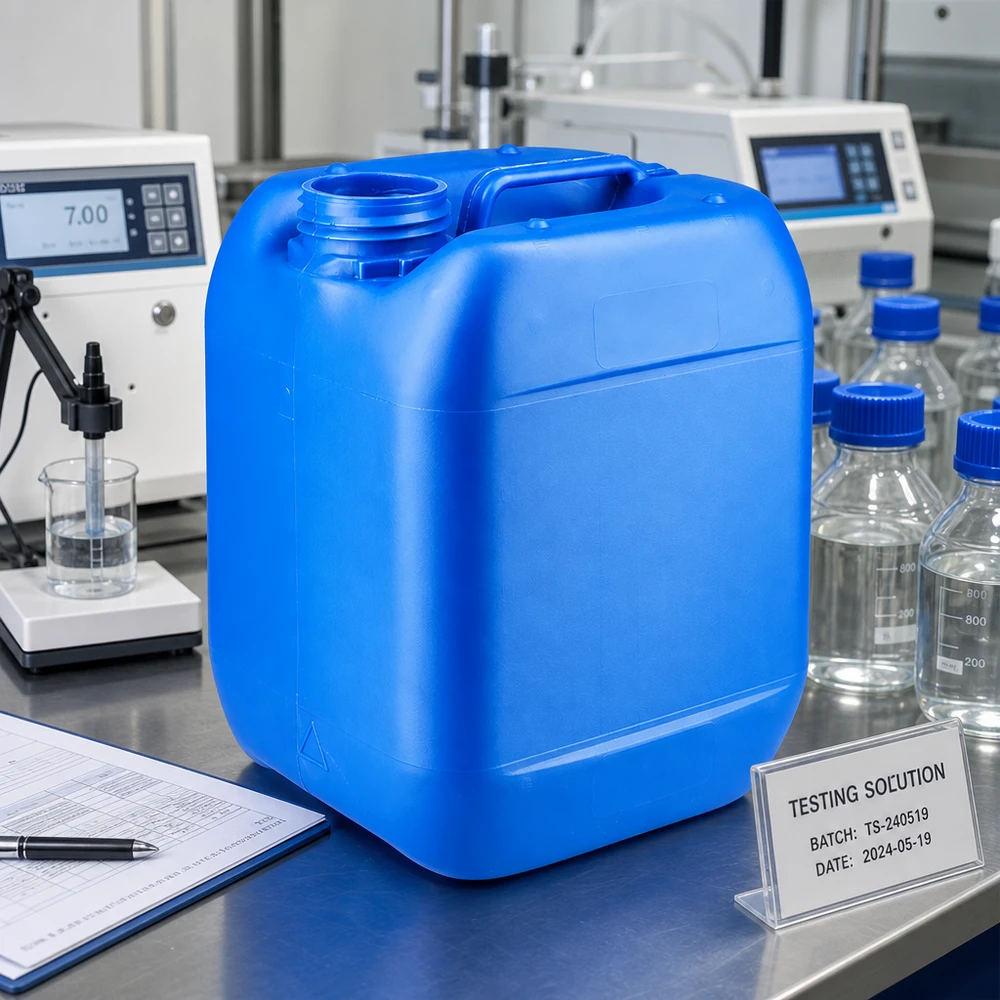 Tanica 5 litri blu senza tappo Tanica di plastica blu da 5 litri senza tappo in un laboratorio di analisi professionale dotato di strumenti di misura
