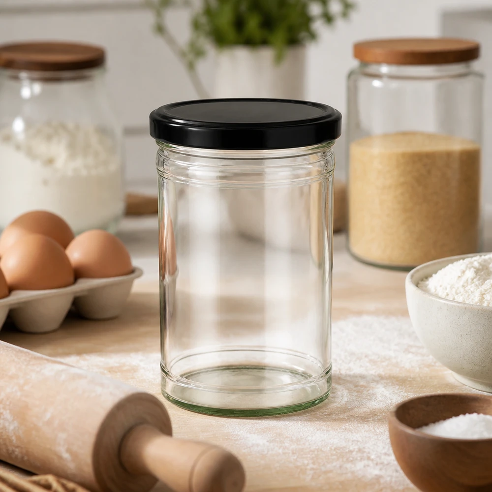 Vaso da 1053 ml con coperchio BasicSeal nero UN... Bicchieri vuoti da 1053 ml con coperchio nero in cucina con uova farina mattarello per cuocere e cucinare