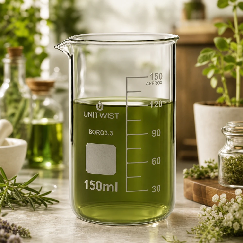 UNITWIST Bicchiere da 150 ml, forma alta, in borosilicato, con un liquido verde a base di erbe circondato da piante fresche