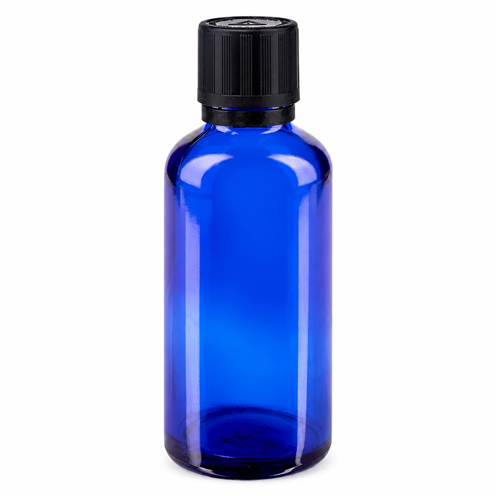 Vaso da farmacia blu da 50 ml con tappo di sicurezza nero a prova di bambino e dosatore a goccia da 1 mm