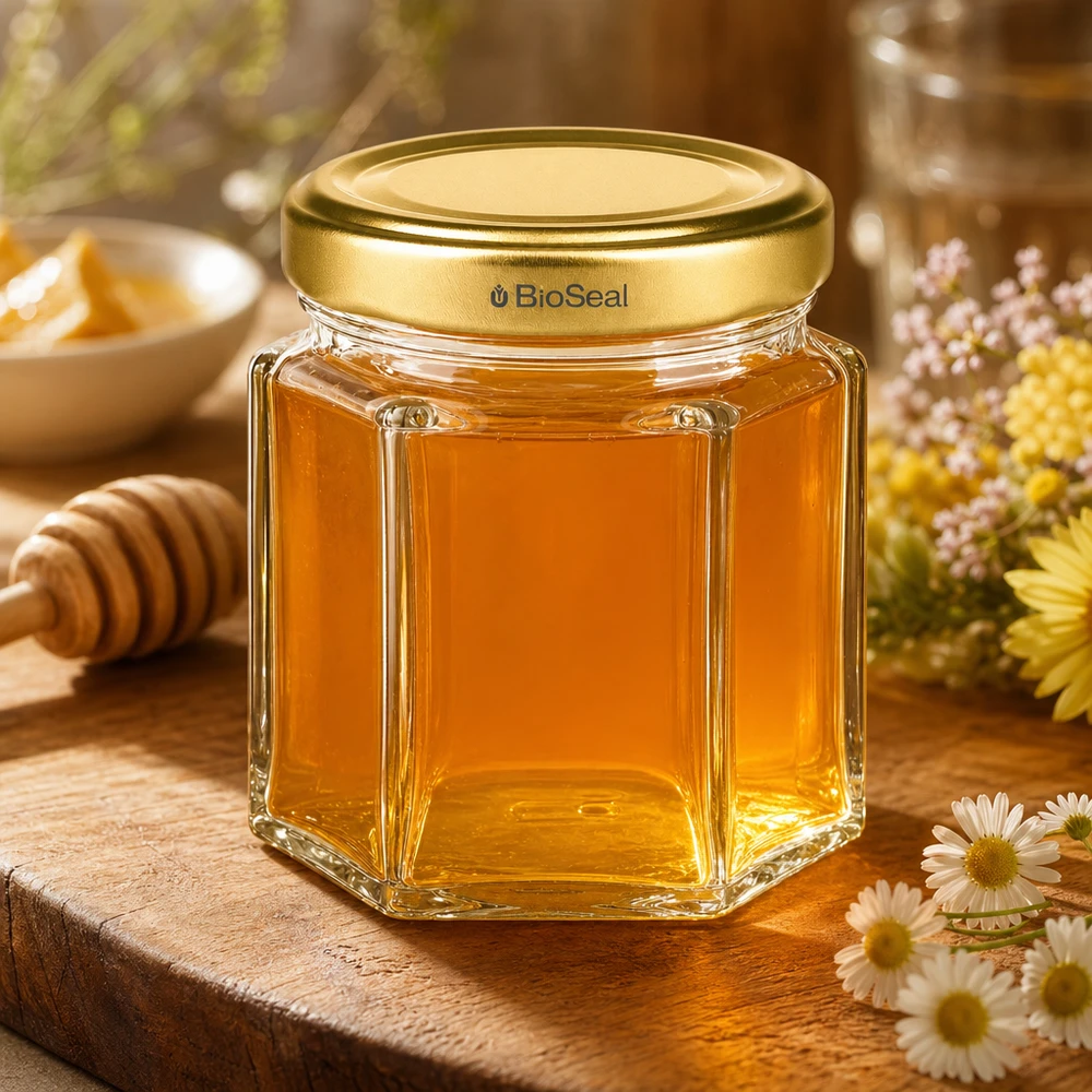 Vasetto per miele da 60 g con capsula dorata BioSeal UNiTWIST Vasetto di miele BioSeal da 60 g esagonale pieno di miele dorato su tavolo di legno decorato con bastoncino di miele e fiori di campo