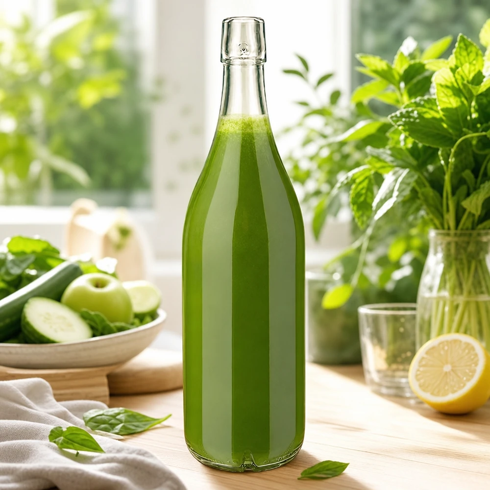 Bottiglia in vetro da 1000 ml senza tappo UNiTWIST Bottiglia di vetro 1000ml UNiTWIST riempita di frullato verde verdure fresche frutta scena di cucina sana nutrizione