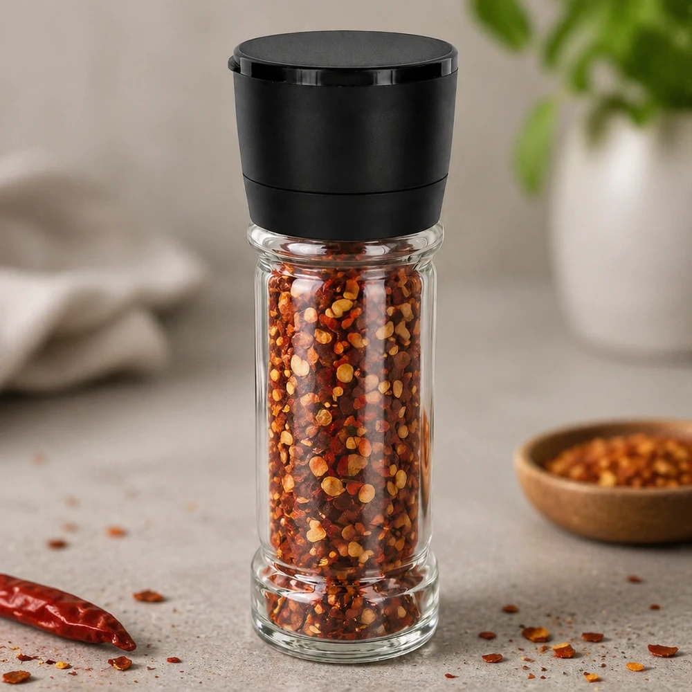 Barattolo per spezie da 100 ml con macinino a rotazione nero, riempito con fiocchi di peperoncino su sfondo grigio