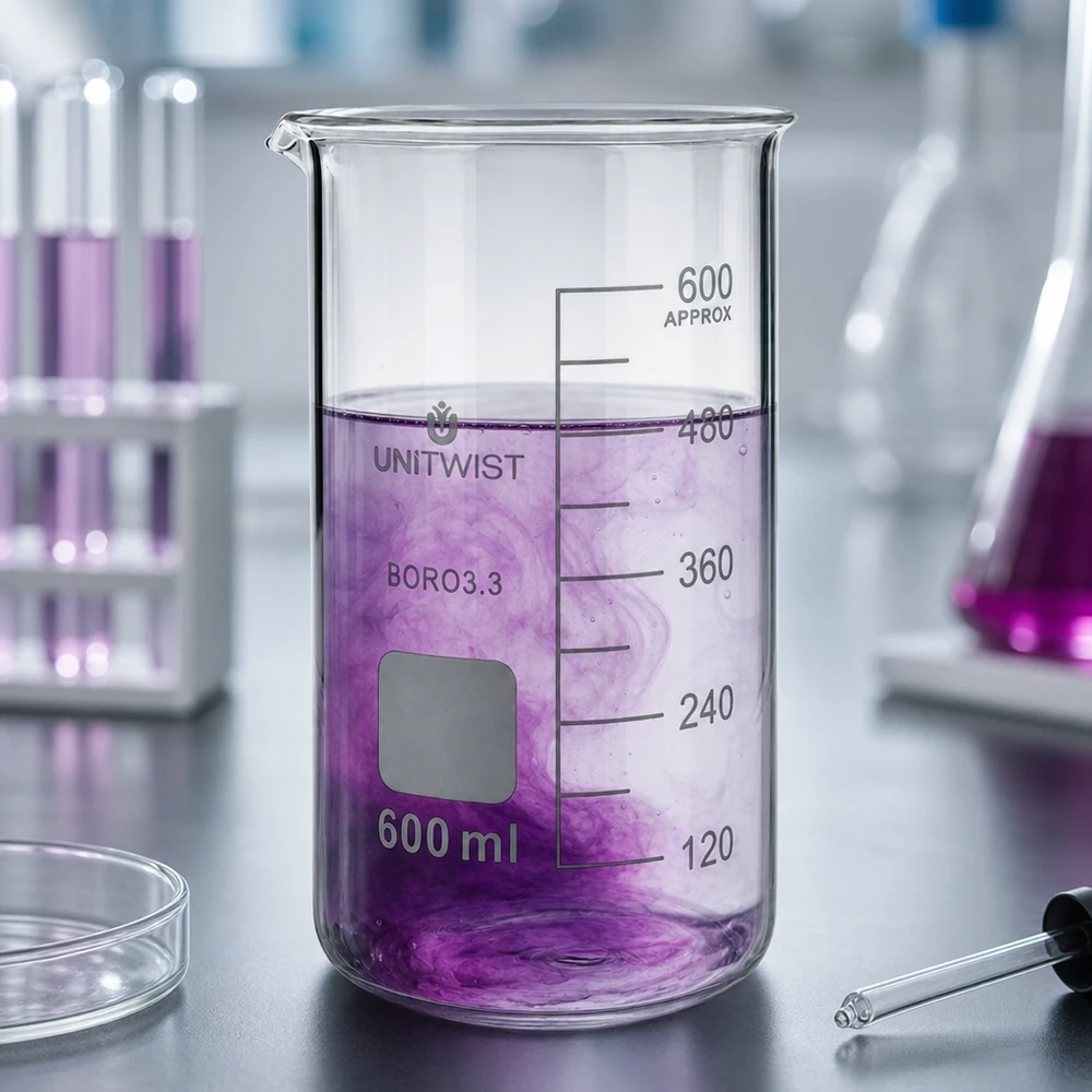 Bicchiere da laboratorio da 600 ml, modello alto UNITWIST, con liquido viola ed effetto di diffusione visibile
