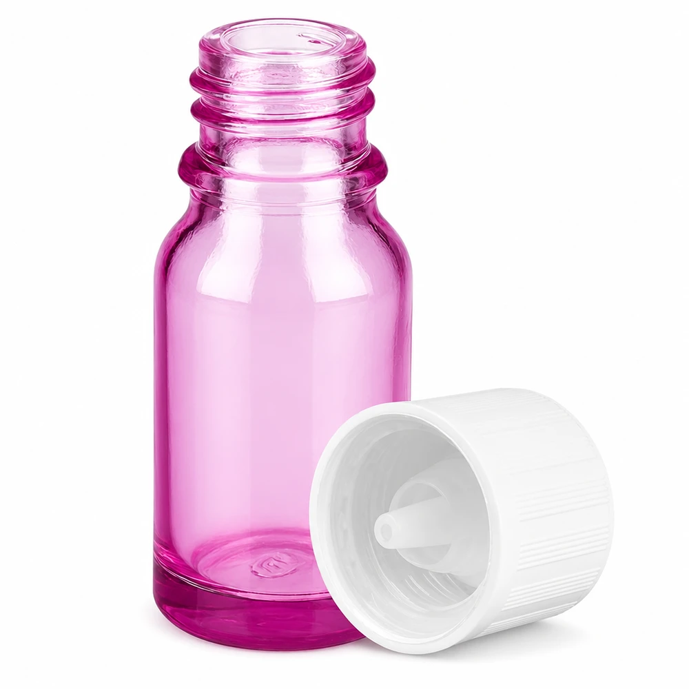 Flacone contagocce viola da 10 ml con apertura da 1,2 mm, perfetto per sieri ed essenze liquide.
