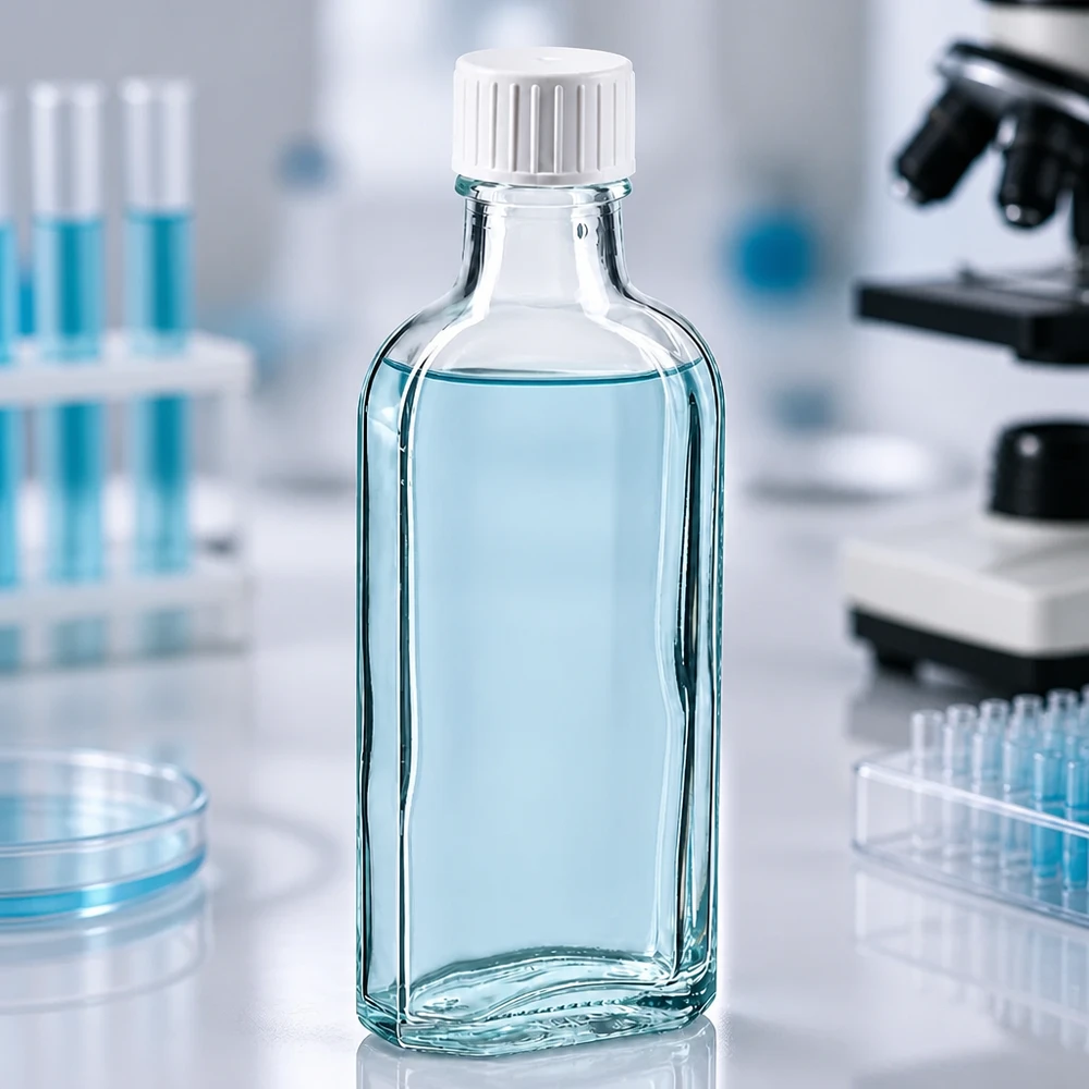 100 ml Meplat tappo a vite trasparente con anello versatore Flacone di vetro Meplat piatto da 100 ml con tappo a vite bianco e anello versatore in ambiente di laboratorio