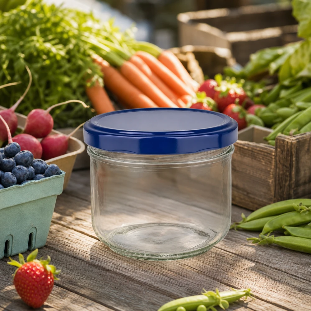 Bicchieri da 260 ml + coperchio BasicSeal blu UNiTWIST 260ml Sturzglas BasicSeal blau leer auf Holztisch mit frischem Obst und Gemüse - perfekt für Marmelade und Konserven