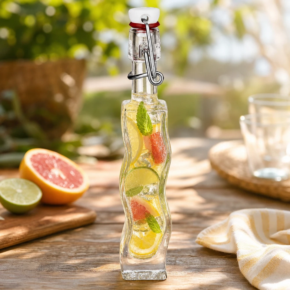 Flacone in vetro da 40 ml Fila con tappo a clip in PVC UNiTWIST® Bottiglia di vetro da 40 ml Anna riempita di succhi di agrumi su tavolo di legno con pompelmo lime e menta all'aperto