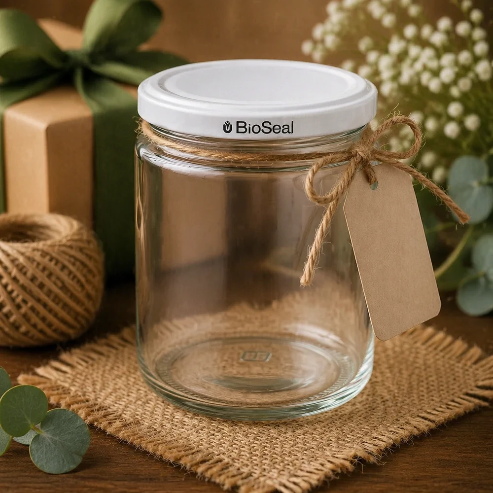 Vasetto per miele da 350 g con capsula bianca BioSeal UNiTWIST Vasetto di miele da 250 ml BioSeal UNiTWIST vuoto decorato con fiocco di iuta etichetta in carta kraft stile regalo rustico
