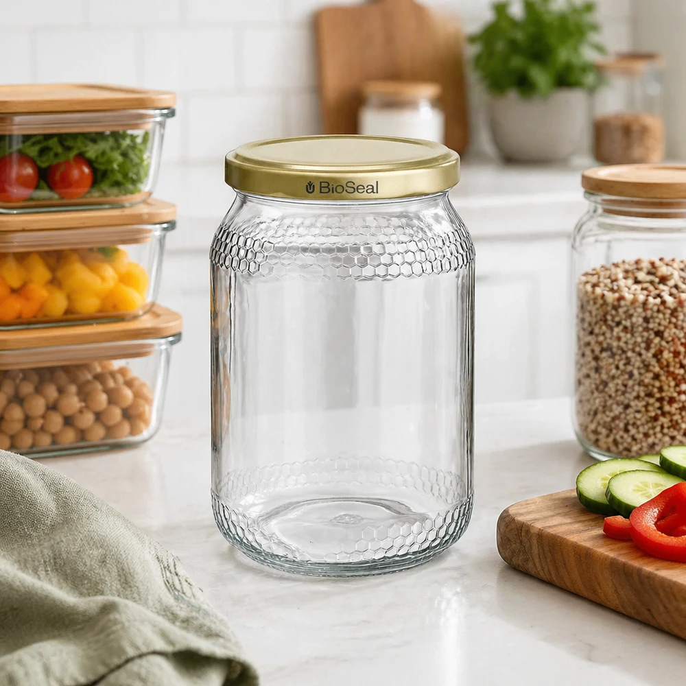 Vasetto per miele da 1260 g con capsula dorata BioSeal UNiTWIST Vaso di miele da 900 ml vuoto con coperchio dorato BioSeal in una cucina moderna tra vasi di stoccaggio e ingredienti freschi