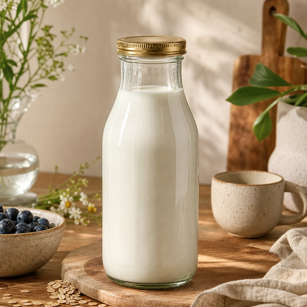 UNiTWIST Bottiglia263 con oro. Coperchio TO43 BioSeal UNiTWIST Bottle263 bottiglia di vetro riempita di latte e coperchio TO43 BioSeal dorato in una scena di cucina naturale
