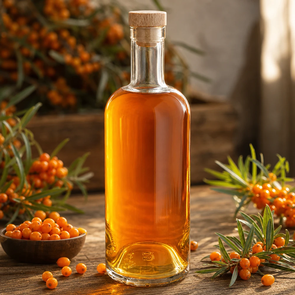 Bottiglia in vetro da 750 ml Emma con tappo in legno riempita con olio di olivello spinoso arancione circondato da bacche e rametti di olivello spinoso.