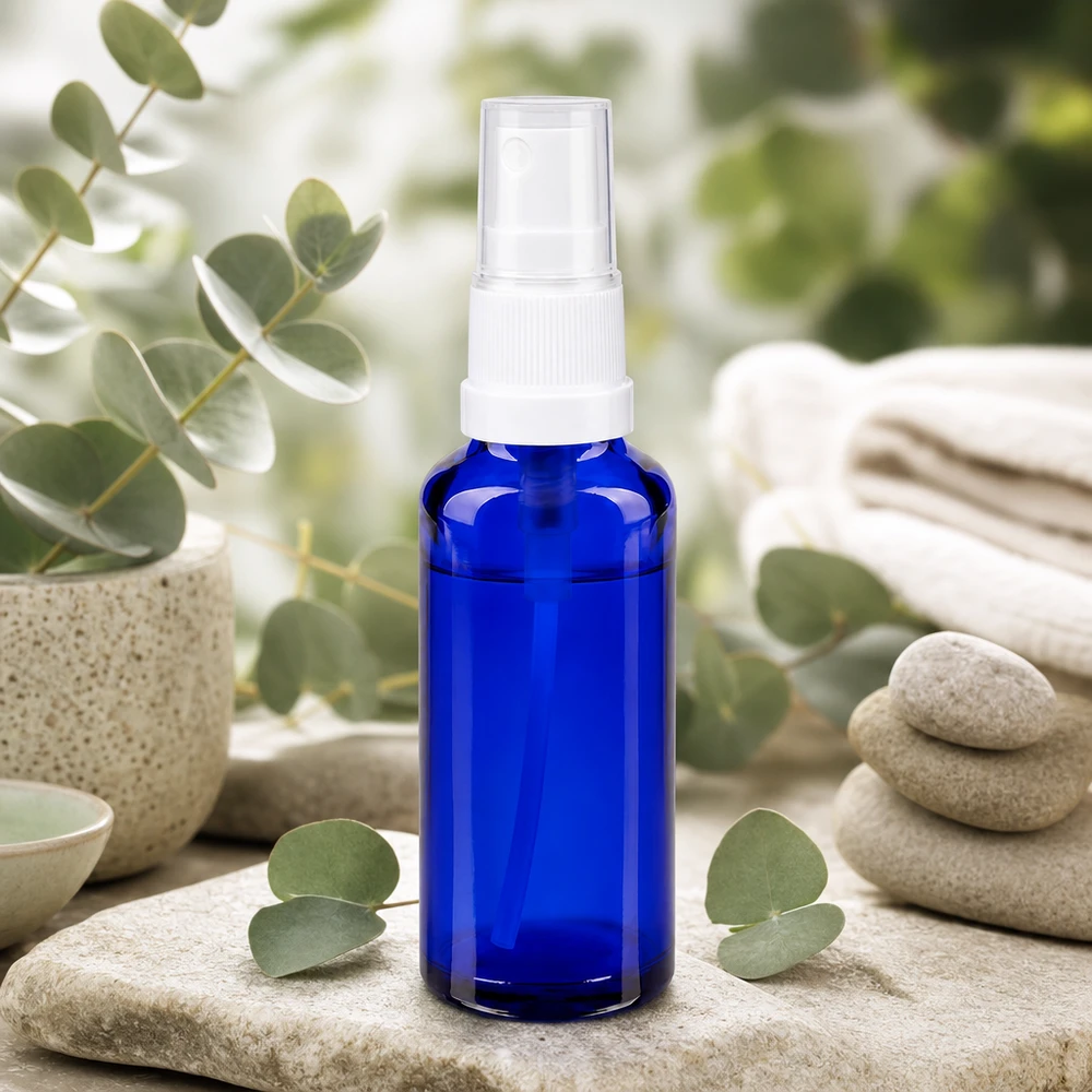 Bottiglia spray blu 30ml STD bianco/trasp. apoGlas Flacone spray in vetro da farmacia blu da 30 ml con erogatore bianco, tra foglie di eucalipto e pietre Zen